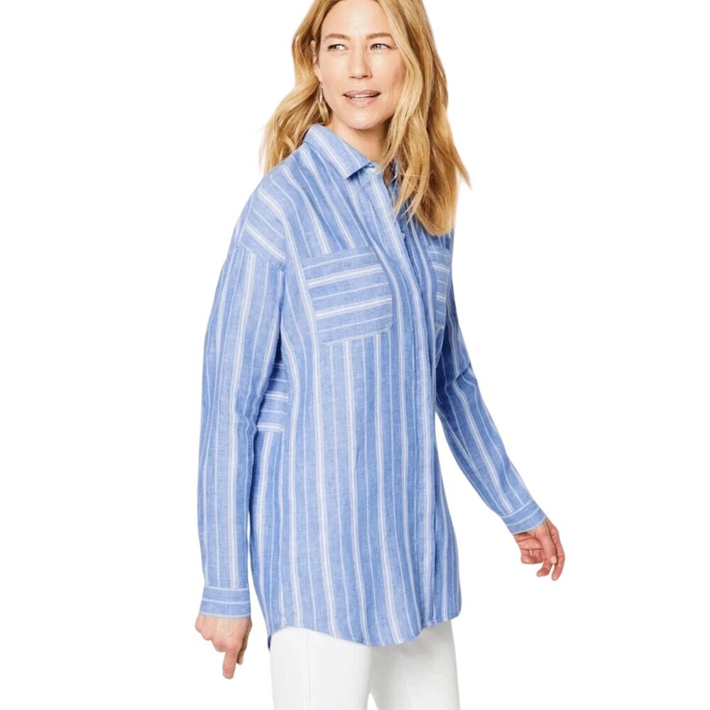 J Jill Petite Love Linen Blue White Striped Button Front Tunic Top Size MP
